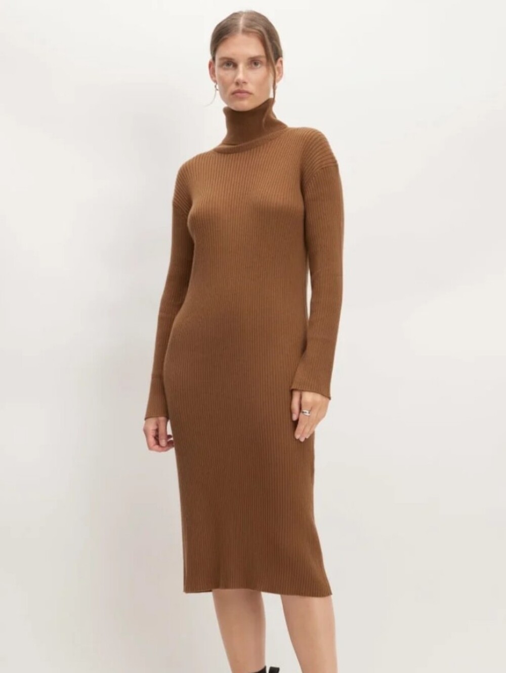 Everlane Ribbed Turtleneck Midi Dress in Brown Camel